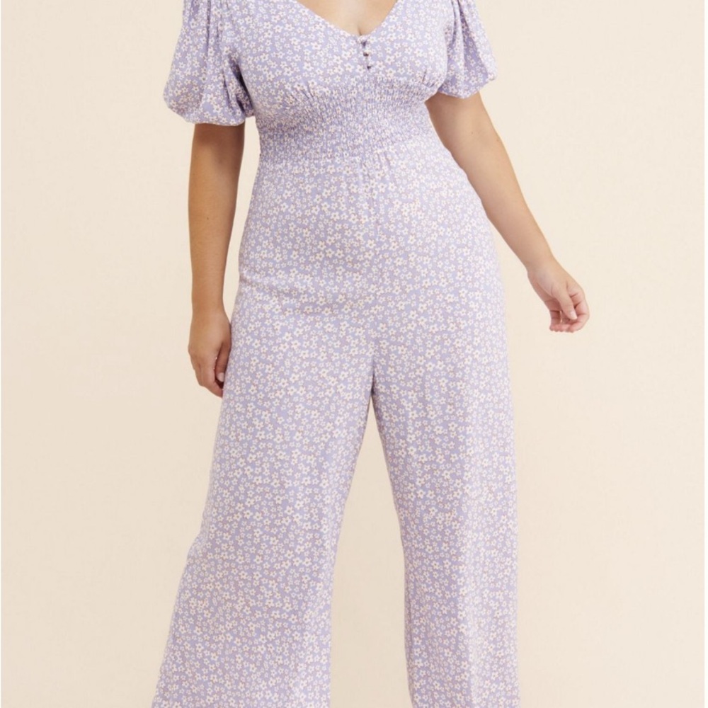 Anthropologie Purple Floral Jumpsuit with Puff Sleeves